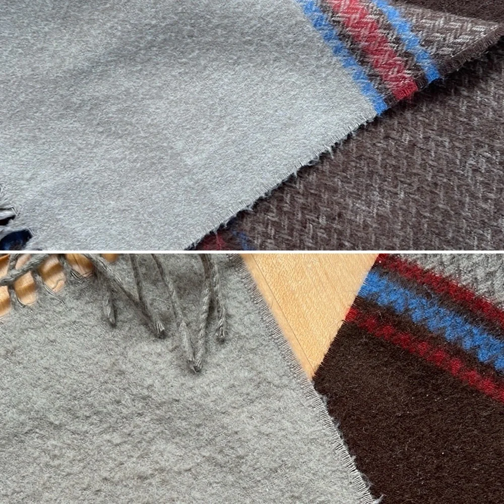 🐑Woodward Plaid Cashmere Wool Fringed Scarf | Taupe Brown Blue + Red